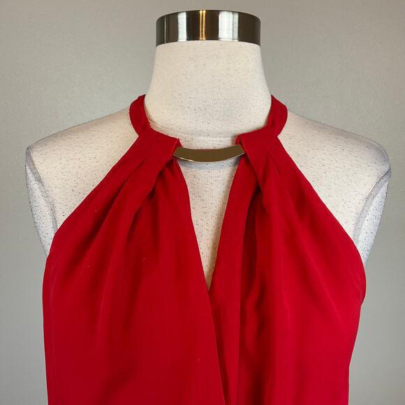 Xscape Red Chiffon Evening Gown Size 8 Cut Out Thigh Slit Ruffled Formal Dress - Picture 7 of 13